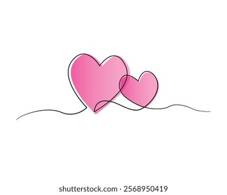 Continuous one line art of a two hearts, Valentines day concept, Vector art illustration