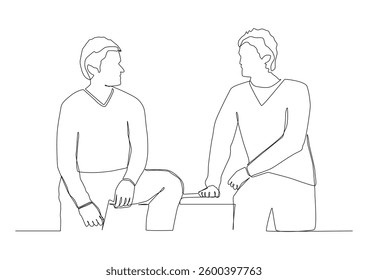 Continuous one line art of two men are sitting on the roofs keeping their distance and looking at each other.