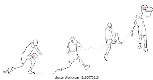 Continuous One Line Art Vector: Basketball Crossover Slam Dunk, Switching Hand Slam Dunk, Slam Dunk Contest