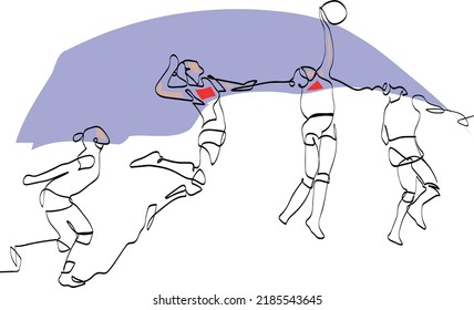 Continuous One Line Art Vector Minimalist: Volleyball spiking, strong serving, women female volleyball player jumping spiking