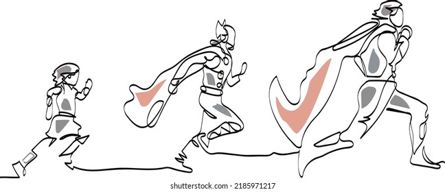 Continuous one line art vector minimalist: Thor from kid running to grown up