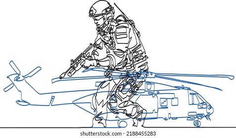 Continuous one line art vector minimalist: soldier at war battlefield call of duty combat military