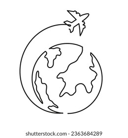 Continuous one line art vector earth with plane illustration