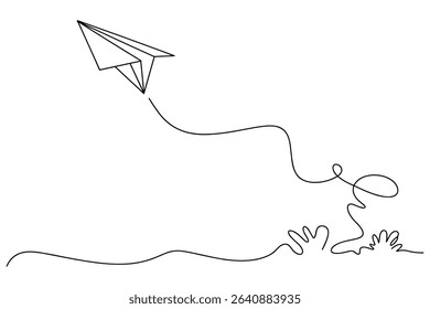 Continuous One Line Art Vector Paper Airplane Flight
