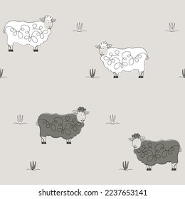 Continuous one line art of white and gray sheep on the grass