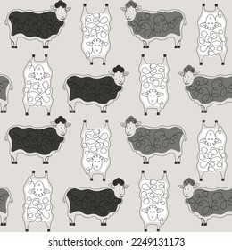 Continuous one line art of white, gray and dark gray sheeps seamless pattern