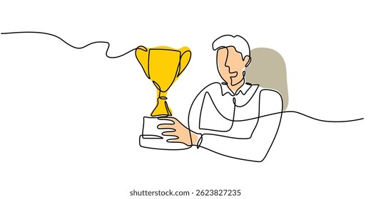 Continuous One Line Art Winner Holding Trophy. Competition achievement success symbol minimalist vector illustration art.