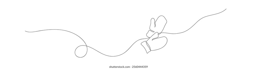 Continuous one line art of winter mittens floating in air on white background. Minimal one line art of gloves. Hand drawn doodle of mittens. 