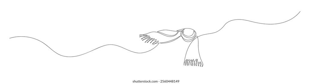 Continuous one line art of winter scarf floating in air on white background. Minimal one line art of muffler. Hand drawn doodle of scarf. 