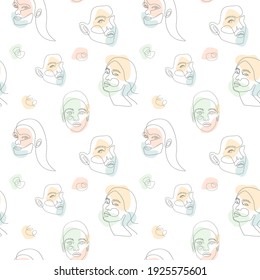Continuous one line art woman face with abstract color shapes background. Modern Seamless pattern. Hand drawn geometrical portraits with Pastel color phorm. Vector concept art.