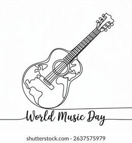 Continuous one line art world music day concept guitar design Vector art illustration isolated on white background 