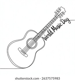 Continuous one line art world music day concept guitar design Vector art illustration isolated on white background 