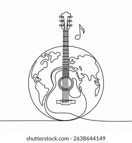 Continuous one line art world music day concept guitar design Vector art illustration isolated on white background 