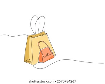 Continuous one line art of a yellow shopping bag with handles and an orange handbag in front isolated on white background, in a clean and simple vector illustration style, Editable stroke