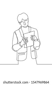continuous one line art young businessman standing in suit. A man looks at the documents that he holds with both hands. Carefully read, familiarization, get an education. can be used for animation