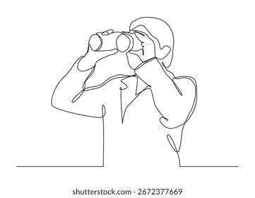 Arte continuo de una línea de mujer joven mirando a través con Ilustración vectorial binocular.