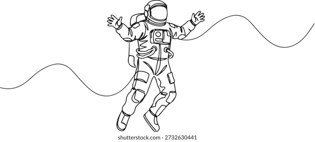 Continuous one line of an astronaut floating in space, representing exploration and wonder, drawn vector illustration.