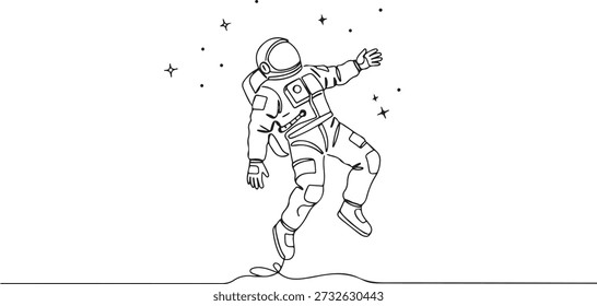 Continuous one line of an astronaut floating in space, representing exploration and wonder, drawn vector illustration.