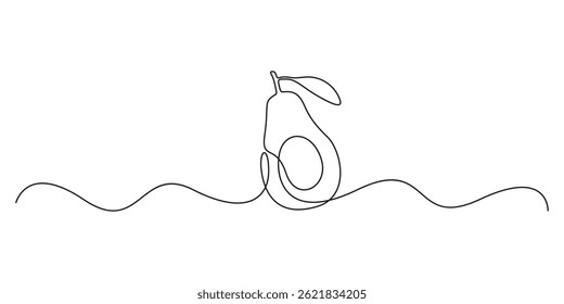 Abacate contínuo de uma linha. Desenho de arte em linha única de abacate, fruta orgânica saudável. Abacate rabiscar fundo branco isolado. Ilustração vetorial