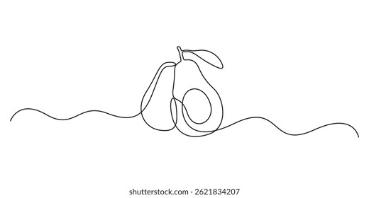 Abacate contínuo de uma linha. Desenho de arte em linha única de abacate, fruta orgânica saudável. Abacate rabiscar fundo branco isolado. Ilustração vetorial