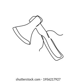 Continuous one line of axe in silhouette. Minimal style. Perfect for cards, party invitations, posters, stickers, clothing. Black abstract icon. Tool concept