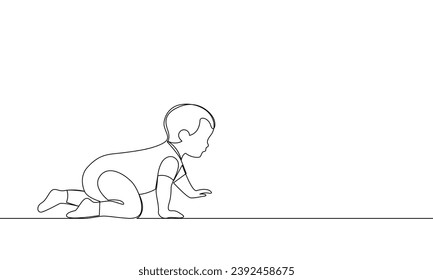 Continuous one line, the baby crawls on all fours. Side view. Outline banner. Vector contour linear illustration