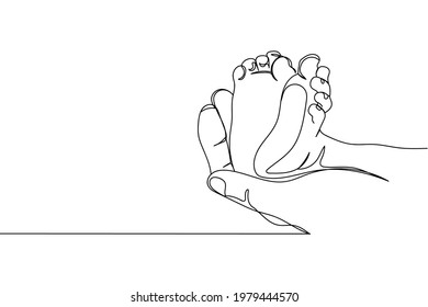 Continuous one line of baby feet in mother hands in silhouette. Linear stylized.Minimalist. Family concept