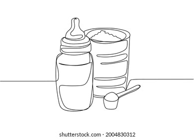 Continuous one line of baby milk bottle and powdered milk in silhouette on a white background. Linear stylized.Minimalist.