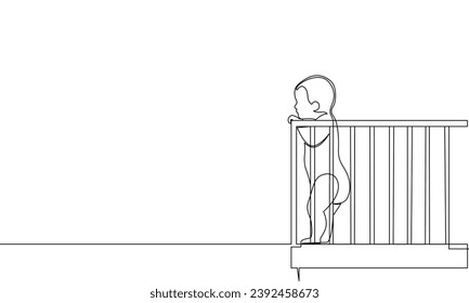 Continuous one line, the baby is standing in the crib. Side view. Outline banner. Vector contour linear illustration