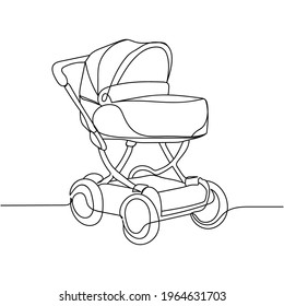 Continuous one line of baby stroller in silhouette. Minimal style. Perfect for cards, party invitations, posters, stickers, clothing.