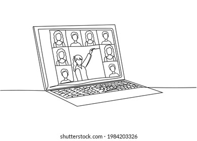 Continuous one line of back to school conference on notebook or laptop in silhouette. Linear stylized.Minimalist.