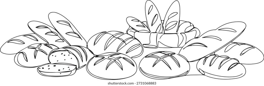 Kontinuierliche eine Linie einer Bäckerei-Anzeige mit Brot, kontinuierliche Linie Minimalismus symbolisiert handwerkliches Backen, gezeichnete Vektorgrafik.