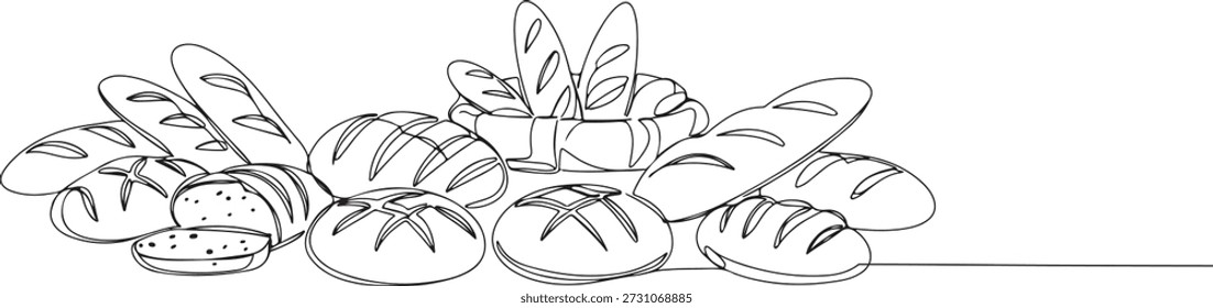 Línea continua de una panadería con pan, línea continua de minimalismo que simboliza la panadería artesanal, Ilustración vectorial dibujada.