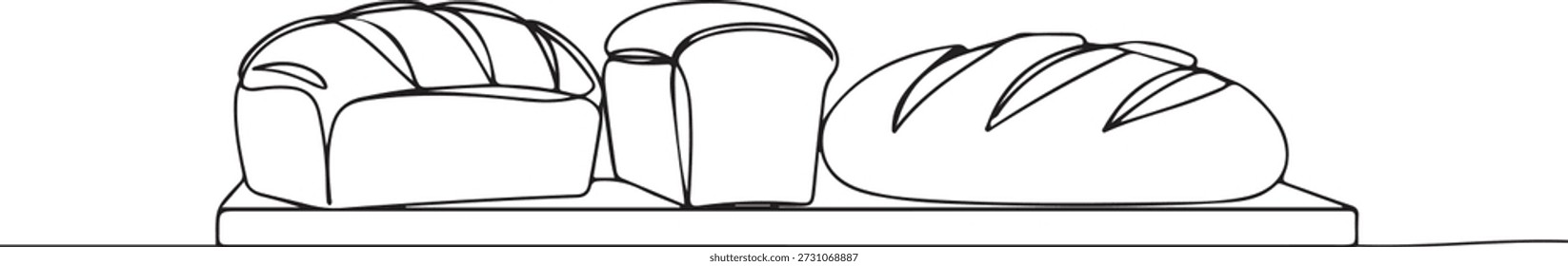 Uma linha contínua de uma exposição de padaria com pão, minimalismo de linha contínua simbolizando cozedura artesanal, ilustração vetorial desenhada.