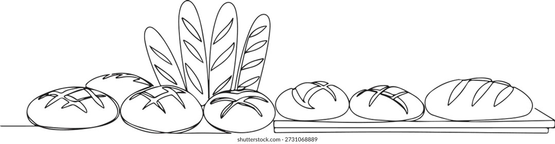 Línea continua de una panadería con pan, línea continua de minimalismo que simboliza la panadería artesanal, Ilustración vectorial dibujada.