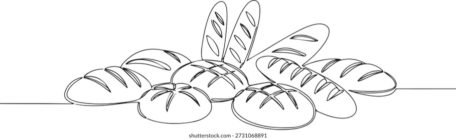 Línea continua de una panadería con pan, línea continua de minimalismo que simboliza la panadería artesanal, Ilustración vectorial dibujada.