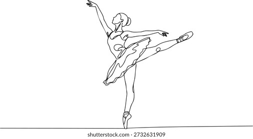 Uma linha contínua de uma bailarina dançando graciosamente, representando elegância e arte, ilustração vetorial desenhada.