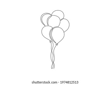 Continuous one line balloons. Monoline design of birthday celebration balloon, holiday kids decoration concept. Vector illustration