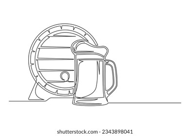 Continuous one line barrel keg with mug . Vintage barrel keg with mug isolated on a white background. Beer brewer concept. Vector illustration