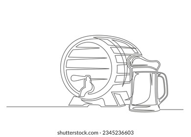 Continuous one line barrel keg with mug . Vintage barrel keg with mug isolated on a white background. Beer brewer concept. Vector illustration