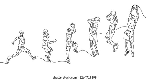 Continuous One Line Basketball Player Step By Step Doing Slam Dunk