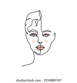 Continuous one line of beautiful surreal woman face in silhouette. Minimal style. Perfect for cards, party invitations, posters, stickers, clothing. Black abstract icon.
