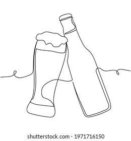 Continuous one line of beer bottle with glass in silhouette. Linear stylized. Minimal style.