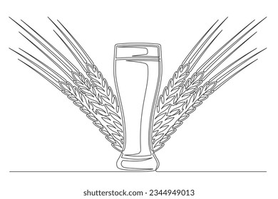 Continuous one line beer glass with spikelet. Vintage glass with spikelet isolated on a white background. Beer brewer concept. Vector illustration