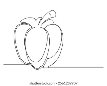 Continuous one line bell pepper isolated on white background. Simple vegetable silhouette. Hand drawn bell pepper outline. Vector illustration