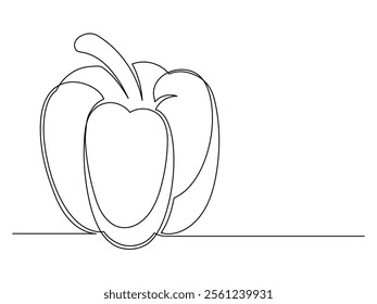 Continuous one line bell pepper isolated on white background. Simple vegetable silhouette. Hand drawn bell pepper outline. Vector illustration