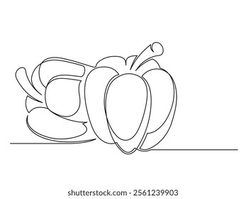 Continuous one line bell peppers isolated on white background. Simple vegetables silhouette. Hand drawn bell peppers outline. Vector illustration