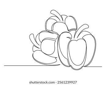 Continuous one line bell peppers isolated on white background. Simple vegetables silhouette. Hand drawn bell peppers outline. Vector illustration