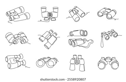 Continuous one line binoculars. Hand drawn adventure binocular in different angles, field glasses with zoom lenses for outdoor observation and exploration activities. Minimalist linear vector set.