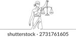 Continuous one line of a blindfolded figure holding scales, law and justice art, drawn vector illustration.